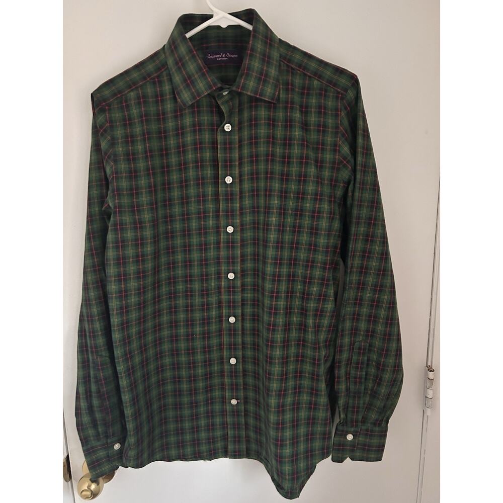 Seaward And Stearn London Spread Collar Plaid Sports Shirt In Green Red Size M